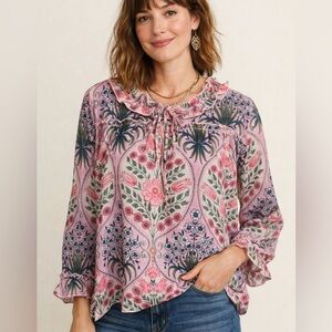Boho Airy Floral Ruffle Neck Blouse. Size L